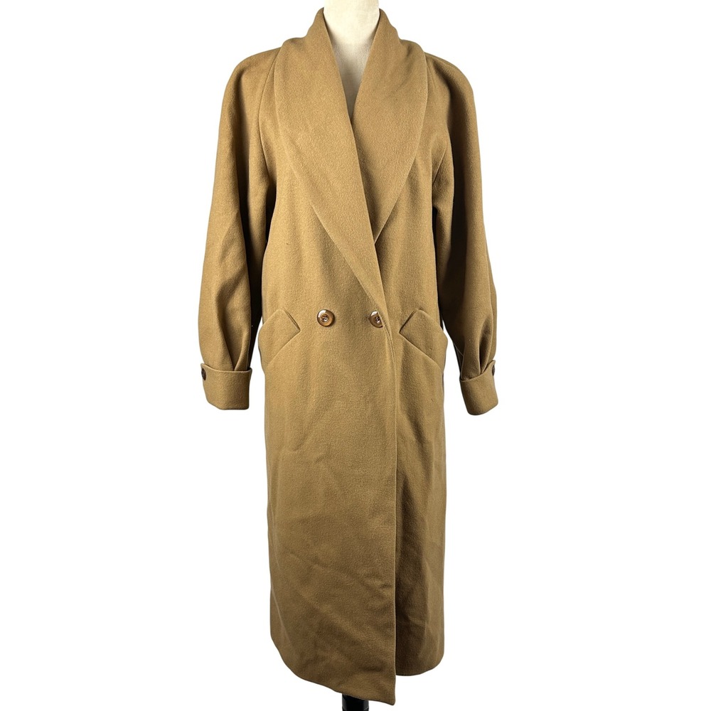 Vintage Liz Baker Essentials Wool Coat Petite 10 Double‎ Breasted Long Beige